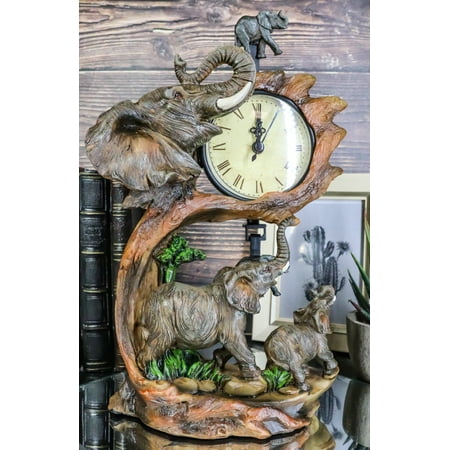 Ebros Elephant Father and Calf Family Table Clock with Pendulum 10.5 Height