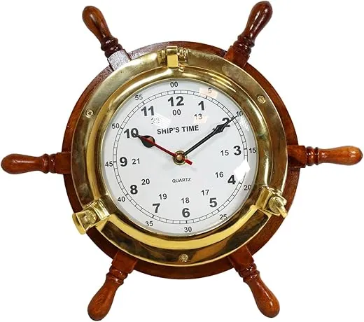 Ebros Gift Nautical Vintage Rustic Wood and Brass 6 Spokes Ship Steering Helm Boat Wheel Wall Clock Decor 3D Art Decorative Old World Pirate Captain Rudder