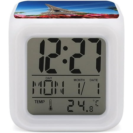 Eiffel Tower With Red Flowers Blue Sky Mini Digital Alarm Clocks, Led Night Glowing[3209]