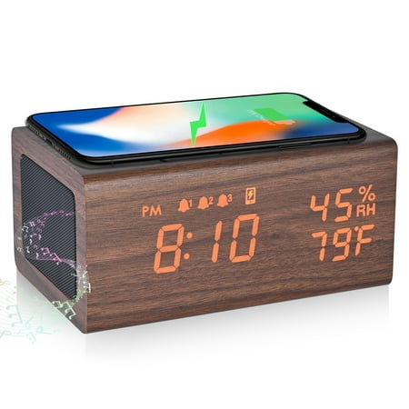 ELECTIME Wooden Digital Alarm Clock with Wireless Charging, Bluetooth Speaker, Temperature, Humidity