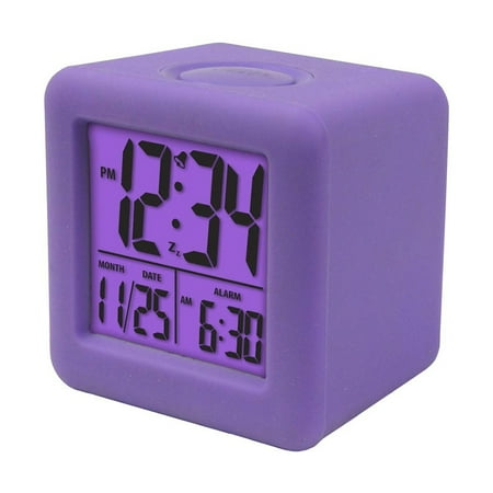 Elenxs Silicone Cube Alarm Clock 12/24 Hours Large Numbers LCD Display Nightlight Digital Alarm Purple