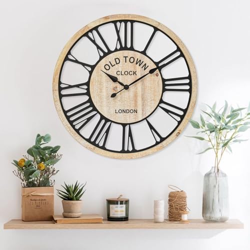 EMAX HOME Large Wall Clock – Fashionable Farmhouse Style Decorative Living Room Clock, Rustic Roman Numeral Design,24inch Wooden Roman Number Wall Clock,Large Clock for Living Room