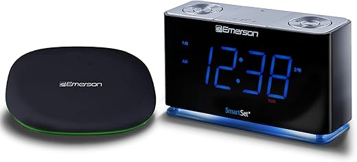 Emerson Radio SMARTSET PLL Radio Alarm Clock with 1.4” Blue LED, Bluetooth Speaker and Night Light + ER-WC100 Emerson Radio 10W Fast Wireless Charger (Black)