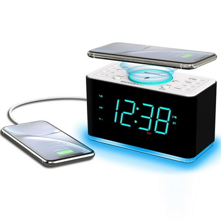 Emerson SmartSet 15W Wireless Ultra Fast Charging, Dual Alarm Clock Radio, Bluetooth Speaker, USB, Night LED, 1.4” Cyan LED Display, ER100401