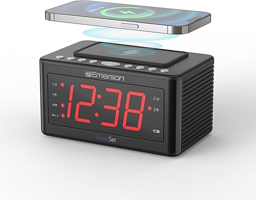 Emerson Smartset Wireless Charging Alarm Clock Radio Featuring a Large 1.4 Red LED Display and Temperature Sensor, FM Radio, Black