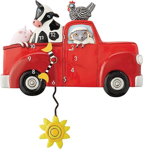 Enesco Allen Designs Farm Truck Filled with Animals Sculpted Pendulum Wall Clock, 7.09 Inch, Multicolor