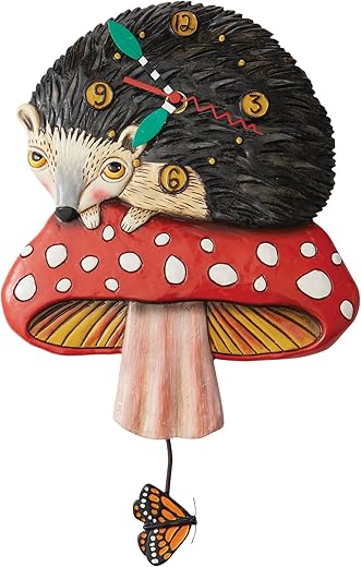 Enesco Allen Designs Hank The Hedgehog Sitting on Mushroom Sculpted Pendulum Wall Clock, 11.22 Inch, Multicolor