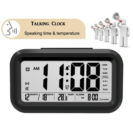 English Talking Speaking Clock Digital Bedroom Wake Up Alarm Clock with Temperature Thermometer,Calendar,Snooze,Backlight