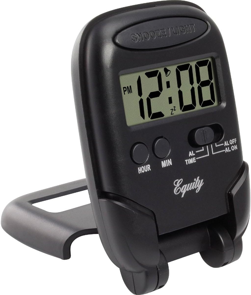 Equity LCD Fold-Up Travel Alarm Clock with Blue Backlight, 3.85"L x 2.50"W x 4.00"H, Black