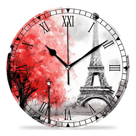 erolrail Rustic Wall Clock,Silent Non Ticking Wall Clocks for Living Room,Bedroom,Kitchen 12IN Oil Painting Paris Black White and Red Modern Art Cute Drawing