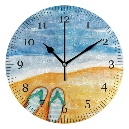 erolrail Vintage Summer Beach Flip Flops Round Wall Clock, Silent Non Ticking for Living Room Kids Bedroom Office School Home Decor 12IN