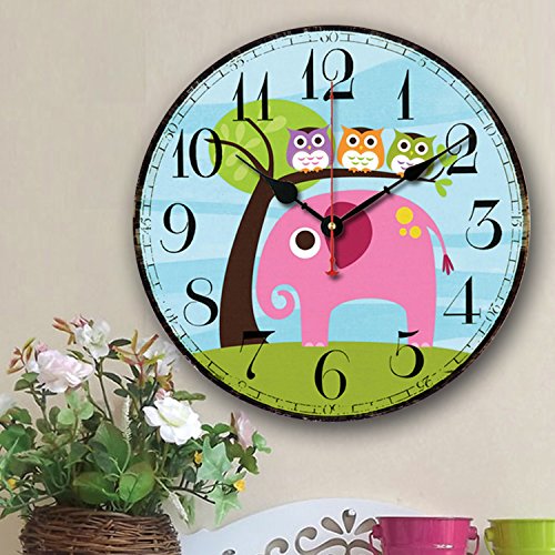 Eruner Cute Wall Clock, 14 inch Modern Family Animated Cartoon Decoration,Quality Silent Non-Ticking Wood Clock Painted Elephant Owl Lovely Style for Nursery Kid's Room Decal(Elephant, M5)