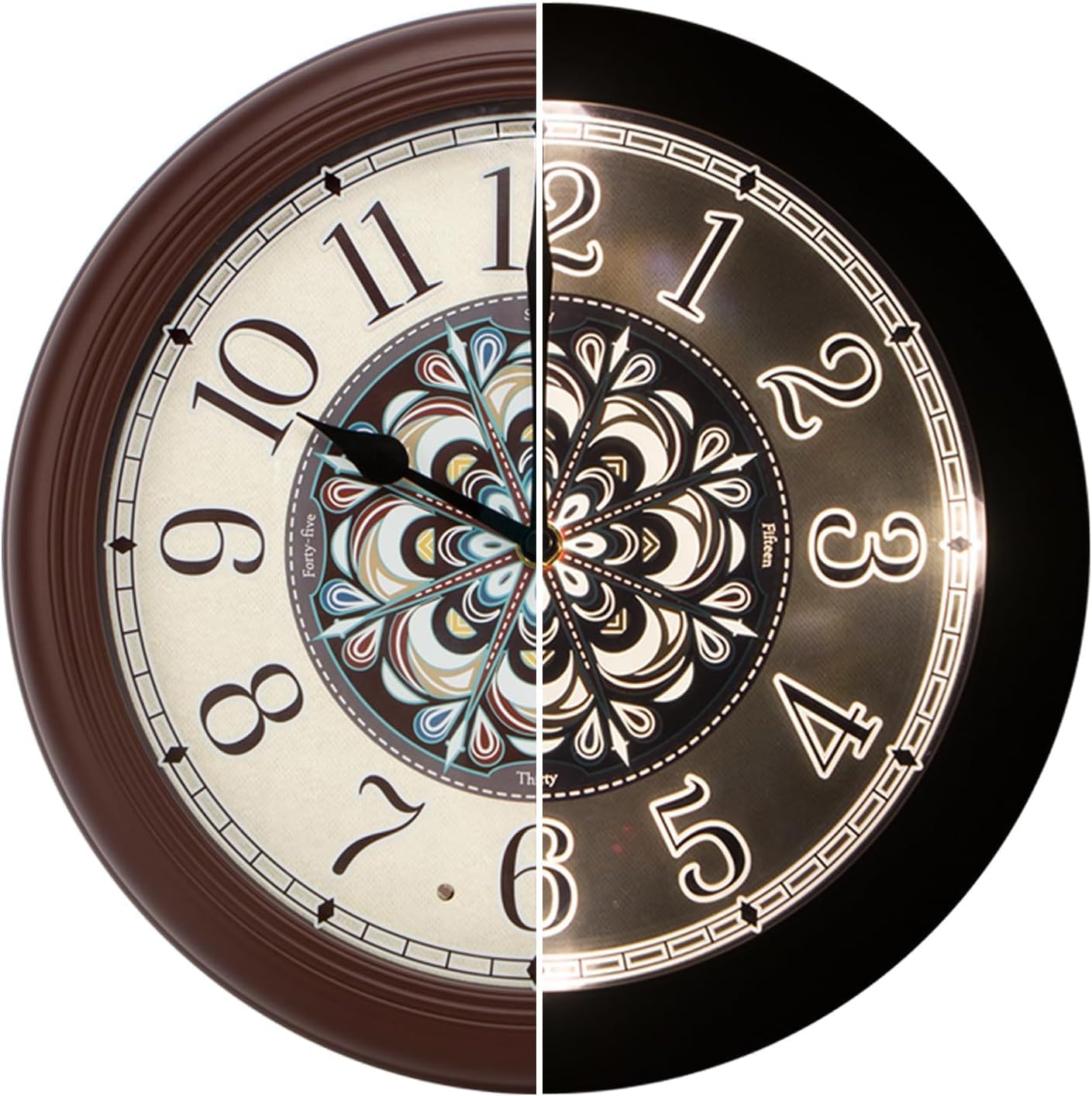 Evelyne LED Round Wall Clock - 12.5 Victorian Style Dial, Battery Operated, Night-time Sensor - Easy-to-Read Analog for Bedroom, Office & Living Room