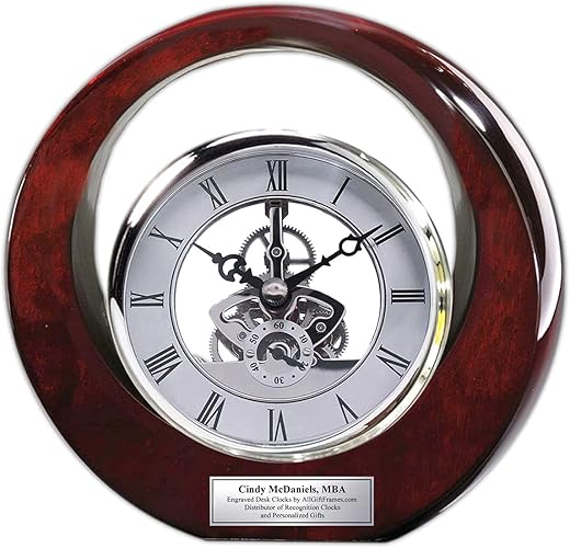 Executive Engraved Silver Gear Da Vinci Marquee Dark Cherry Personalized Desk Clock Employee Recognition Service Award Wedding Anniversary Desk Clock Retirement Coworker Boss Colleague 8x8