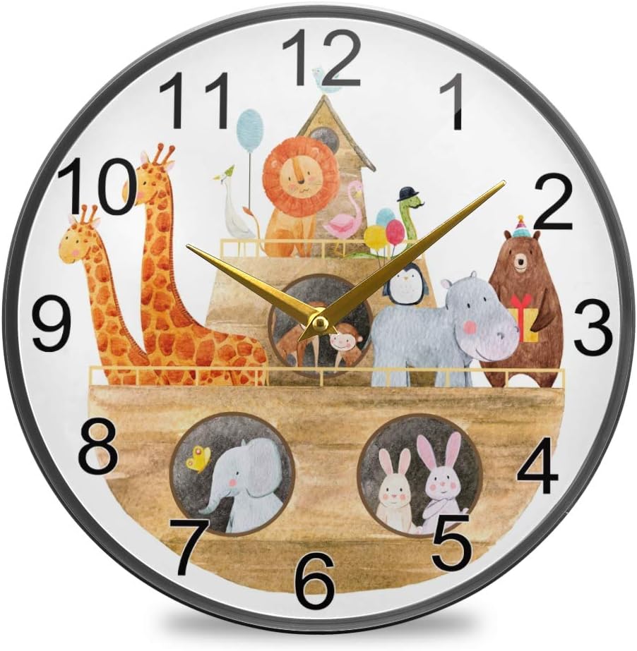 Exnundod Animal Noah's Ark Wall Clock 9.5Inch Non-Ticking Lion Giraffe Rabbit Silent Desk Clocks Home Kitchen Custome Wall Decor