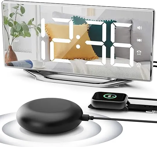 Extra Loud Vibrating Alarm Clock with Bed Shaker for Deep Sleepers Adult Hearing impaired Deaf, Dual Alarms Digital Clock for Bedroom,8.7'' Large Mirror LED Display,USB Charger,Battery Backup,Dimmable