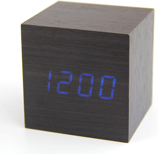 Fashion Black Wood Cube Mini Blue LED Wooden Digital Alarm Clock -Time Temperature Date Display - Voice and Touch Activated