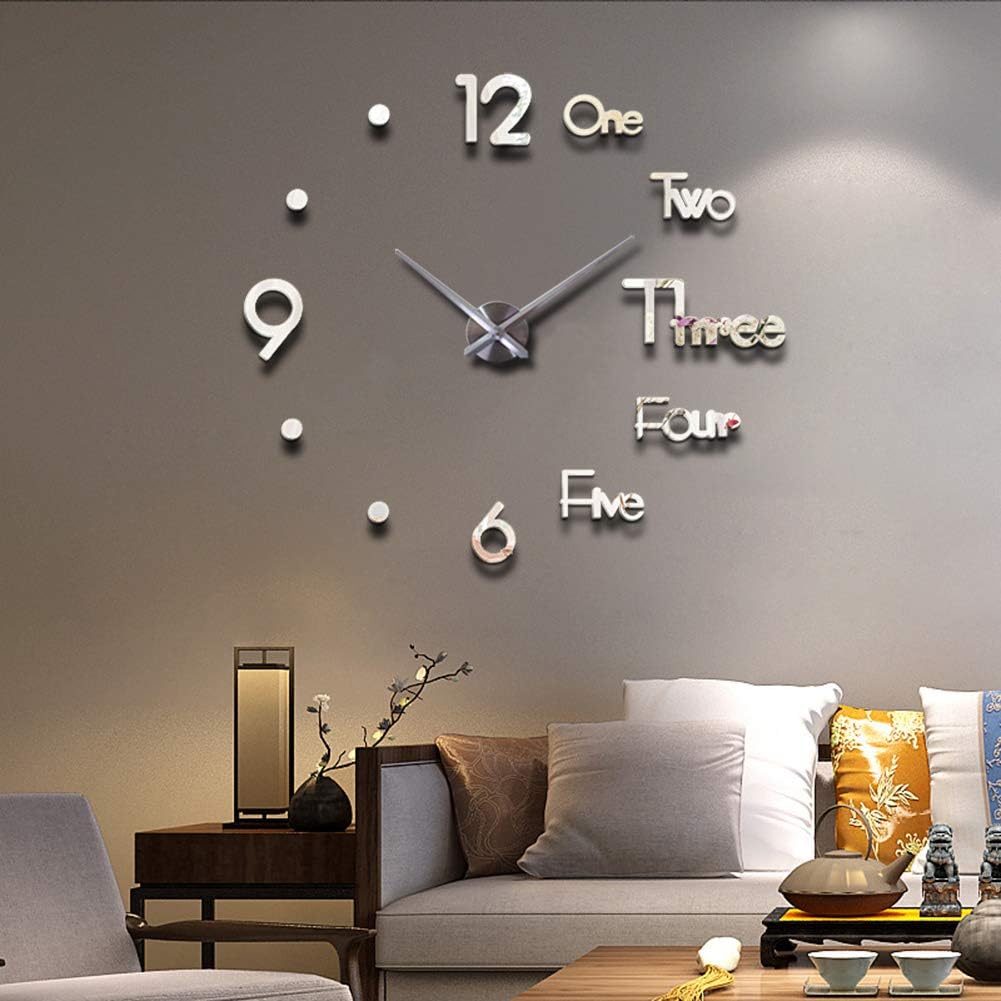 FASHION in THE CITY 3D Large Frameless Wall Clock DIY Wall Decoration Clocks for Living Room Bedroom Office (Silver)