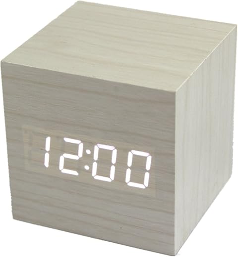 Fashion White Wood Cube Mini with LED Wooden Digital Alarm Clock -Time Temperature Date Display - Voice and Touch Activated