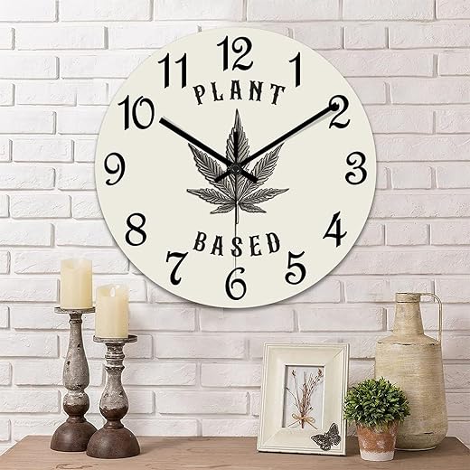 Fashion Wooden Wall Clock Silent Non Ticking Plant Based Marijuana Pot Leaf Clock Round Wall Clock for Living Room Kitchen Home Bedroom Decoration 10 Inches