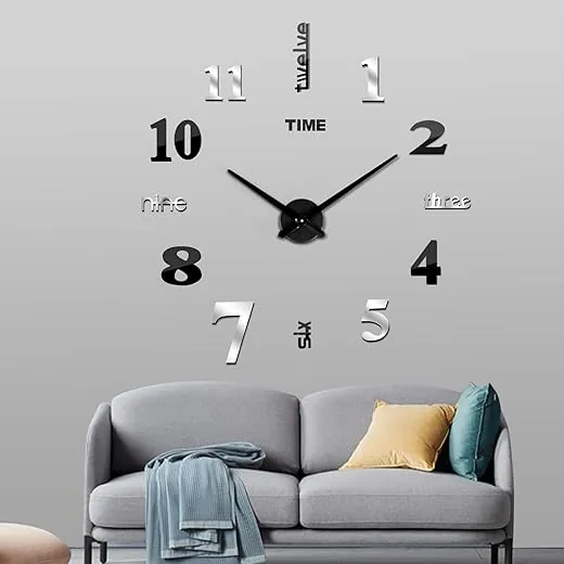 FERRISA Frameless DIY Wall Clock, 3 in 1 Large 3D Frameless Wall Clock 47 Inch, 3D DIY Wall Clock for Living Room Bedroom Office Decor Wall Decor, 2 Sets of Digital Boards(Black + Silver)