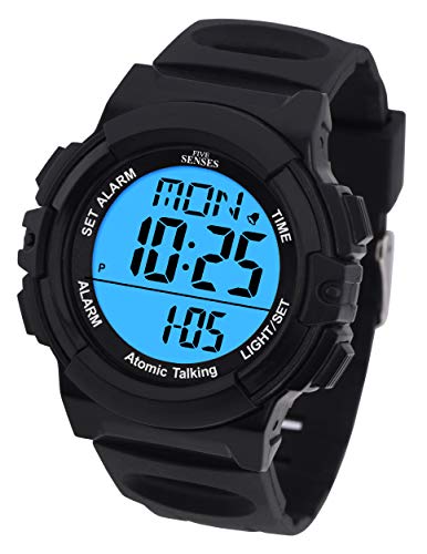 Five Senses Atomic English Talking Watch for Seniors Men and Women Talking with Day-Date Loud Alarm Clock Visually Impaired (Black)