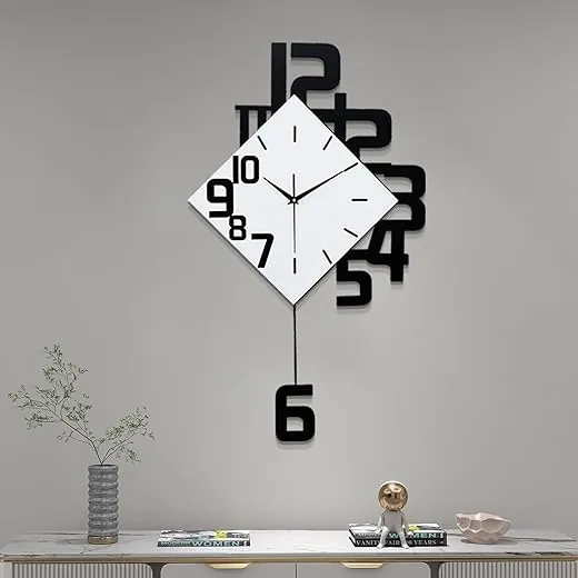 FLEBLE Modern Wall Clocks for Living Room Decor Large Decorative Wall Clock with Pendulum Battery Operated for Bedroom Office Kitchen Home Black Wood Silent Small Wall Clock Non Ticking