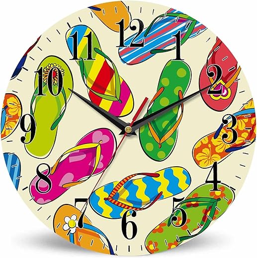 Flip Flops Wall Clock Beach Colorful Sandal Fashion Casual 10 Inch Silent Non Ticking Battery Operated Clock Vintage Round Clock for Living Room Bedroom Bathroom Office Decor