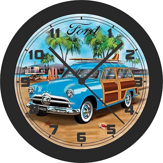 F o r d Woodie Classic Car (Blue) Wall Clock, 10-inch Diameter, Clear Numbers, 8-Color Printed Graphics, Durable Plastic Case, Scratch-Resistant Glass Lens.