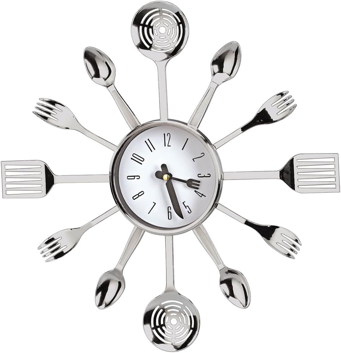 Fox Valley Traders Kitchen Utensil Wall Clock - Retro Charm with Forks, Spoons, Spatulas. Durable Plastic and Silver-Toned Metal, Measures 15 Diameter