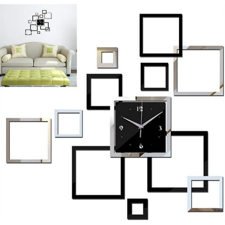 Frameless Wall Clock, Square Creative Wall Clock, 3D Wall Sticker, DIY Wall Stickers, Butterfly Mirror Stickers, Acrylic Mirror Decoration, Fashion Decoration (Black & Silver)