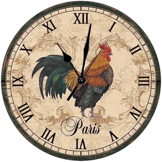 French Rooster Paris Chicken Decorative Wall Clock Non Ticking Battery Operated Clock Hen Farm Aanimal Clocks for Wall Country Tuscan Style 12inch Round Clock for Living Room Bedroom