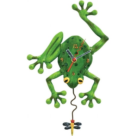 Frog Catching a Dragonfly Sculpted Pendulum Wall Clock, 14 Inch, Green