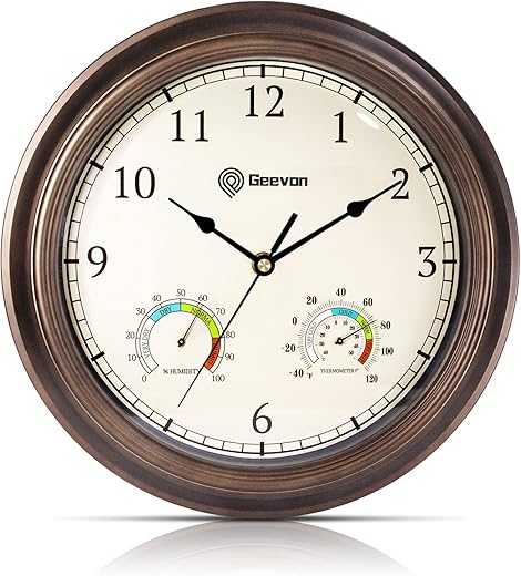 Geevon 12" Vintage Wall Clock Non Ticking with Hygrometer and Thermometer Combo,Battery Operated Quartz Decorative Wall Clocks for Home,Living Room,Office,Classroom,Kitchen,Bedroom Decor