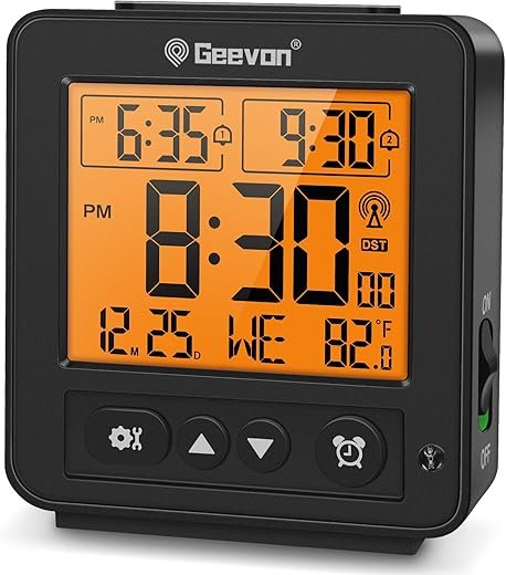 Geevon Small Digital Atomic Alarm Clock for Bedroom, Travel Table Clock with Auto/8s Backlight, 2 Alarm, Temperature, Desk Clock Battery Operated for Deep Sleepers Kids Elderly Home Office, Black