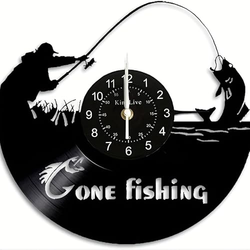 Gone Fishing Vinyl Wall Clock, Black, 12 Inches,Surprise Creative Wall Decorations,The Best Gift for Fishing Lovers