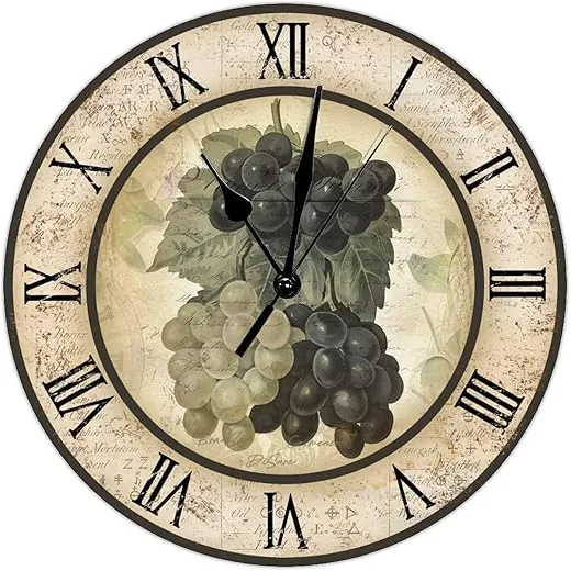 Grape Wine Clock Vintage Kitchen Wall Clock Wine Vineyard 10 Inch Wall Clocks Battery Operated Non-Ticking Roman Numerals Shabby Chic Wall Decor Home Decor for Living Room Bedroom Office