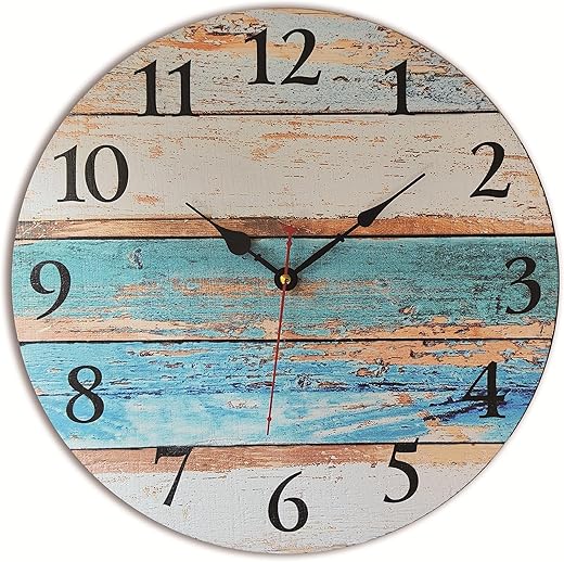 Grazing 16 Inch Beach Decorative Wall Clocks Silent Battery Operated,Nautical Coastal Farmhouse Wooden Clock for Bathroom Kitchen Bedroom Pool Cottage Living Room,Painting on Wood,Not a Sticker