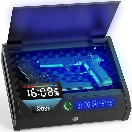 Gun Safe, Biometric Gun Safes for Pistols with LCD Display of Time Battery, Fingerprint Quick Access Handgun Safe Pistol Safe for Bedside, Nightstand, Car, 2 Gun Capacity Black