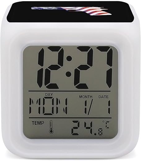 Guns with U.S. Flag Digital Alarm Clock Thermometer 7 Colors Night Light Clock with LED