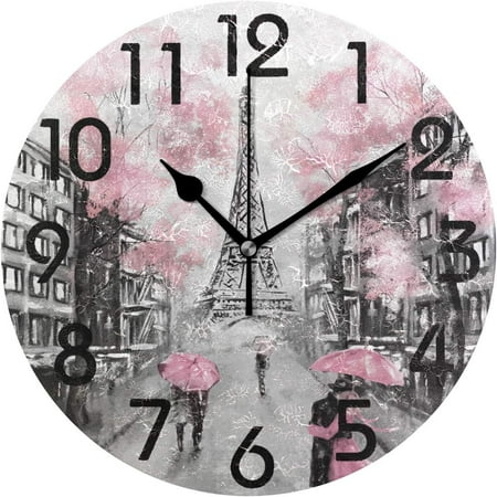 GZHJMY Beautiful Romantic Paris Eiffel Tower Painting Print 9.5 Inch Battery Operated Quartz Analog Quiet Wall Clock for Home,Office,School