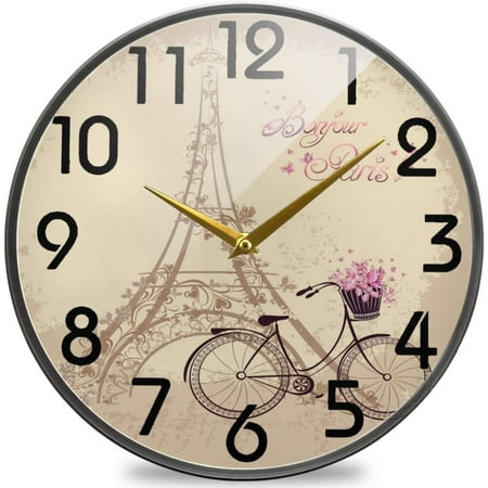 GZHJMY Bonjour Paris Eiffel Tower and Bicycle Vintage Round Wall Clock, 9.5 Inch Silent Battery Operated Quartz Analog Quiet Desk Clock for Home,Office,School