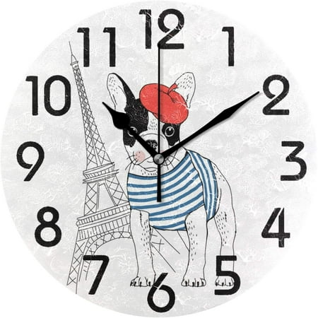 GZHJMY Fashion Style Cute French Pug Dog Eiffel Tower Print Round Wall Clock Decorative, 9.5 Inch Battery Operated Quartz Analog Quiet Desk Clock for Home,Office,School