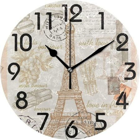 GZHJMY France Retro Eiffel Tower Wine Round Wall Clock, 9.5 Inch Battery Operated Quartz Analog Quiet Desk Clock for Home,Office,School,Kitchen