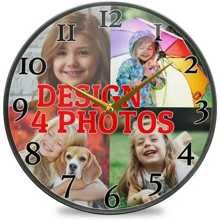 GZHJMY Personalized Wall Clock Silent Non Ticking Round Clock Battery Operated Design Your Own Photo Picture Logo Name Custom Clock for Years Birthday Gifts, 4 Photos Collage