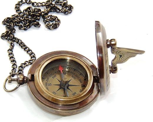 Handmade Brass Sundial Compass with Chain for Traveler Inspirational Adventurer Wedding Baptism Gift Nautical Small Compass.