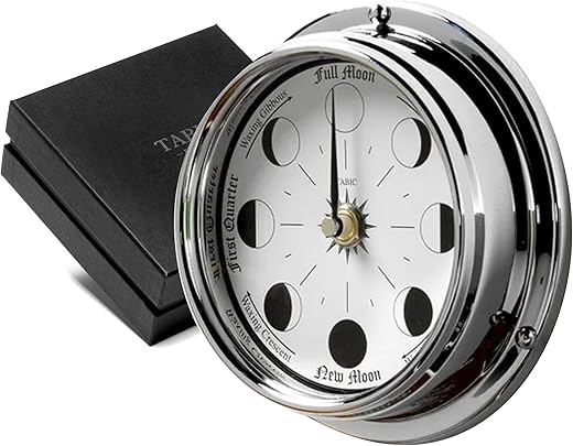 Handmade Chrome Moon Phase Clock in Solid Brass case - Elegant Full Moon Wall Clock with White dial, Perfect Decorations and Gift