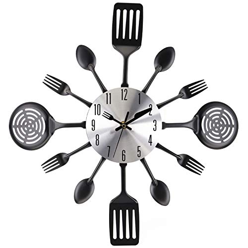 Hedume 16 Kitchen Wall Clock, Large Kitchen Cutlery Wall Clock with Spoons and Forks, 3D Removable Modern Creative Wall Decal Wall Sticker Room Home Decoration