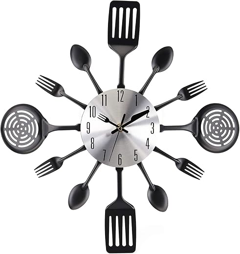 Hedume 16 Kitchen Wall Clock, Large Kitchen Cutlery Wall Clock with Spoons and Forks, 3D Removable Modern Creative Wall Decal Wall Sticker Room Home Decoration