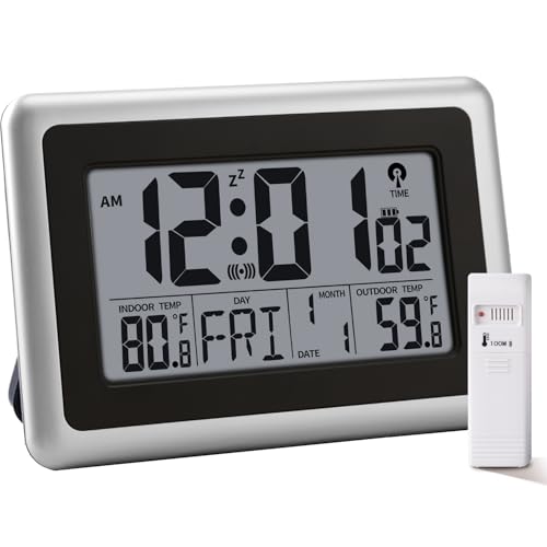 HeQiao Radio Controlled Digital Clock Battry Operated, Large Display Atomic Alarm Clock with Indoor Outdoor Temeperature, Wall/Desk Clocks for Bedroom, Livingroon, Office